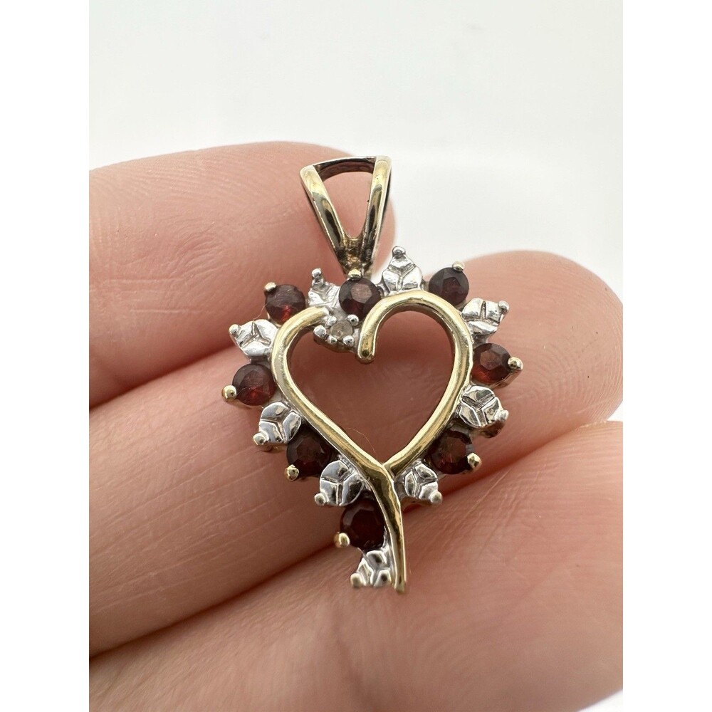 925 Sterling Silver 14k Gold Plated Natural Garnet Diamond Heart Pendant